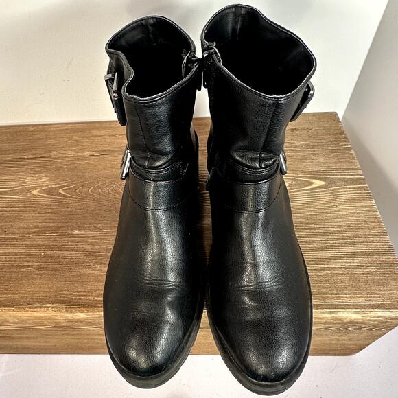 Y2K Chunky Platform Ankle Boots Womens SZ 8.5 Buckle Harness Moto Goth Side Zip - Picture 6 of 9